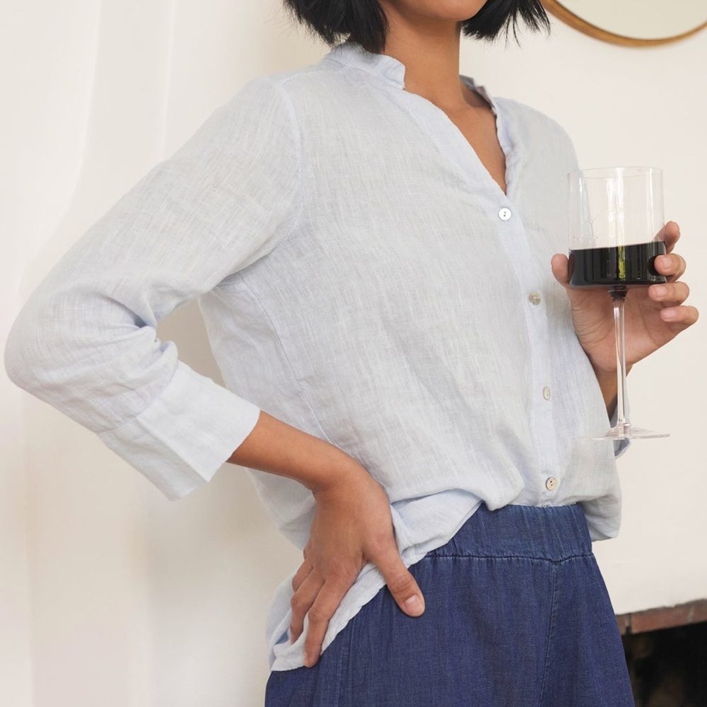 Suzy D Madison Linen V Neck Shirt Blouse Button Up Beach Career Casual Natural - Picture 3 of 13